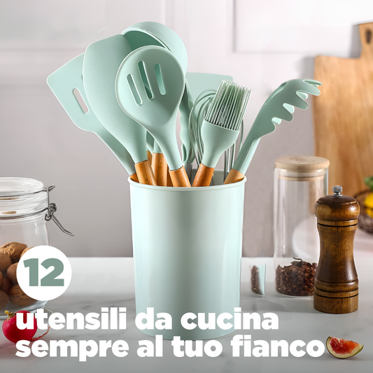 Set 12 Utensili da cucina colorati con manico in legno